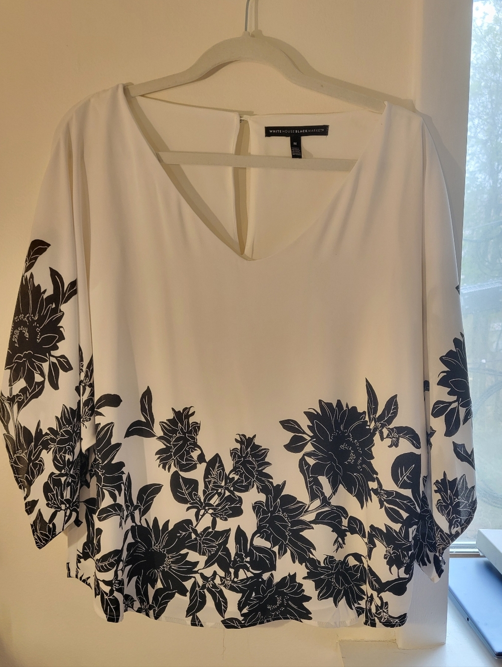 White House Black Market White Blouse with Black Floral Border